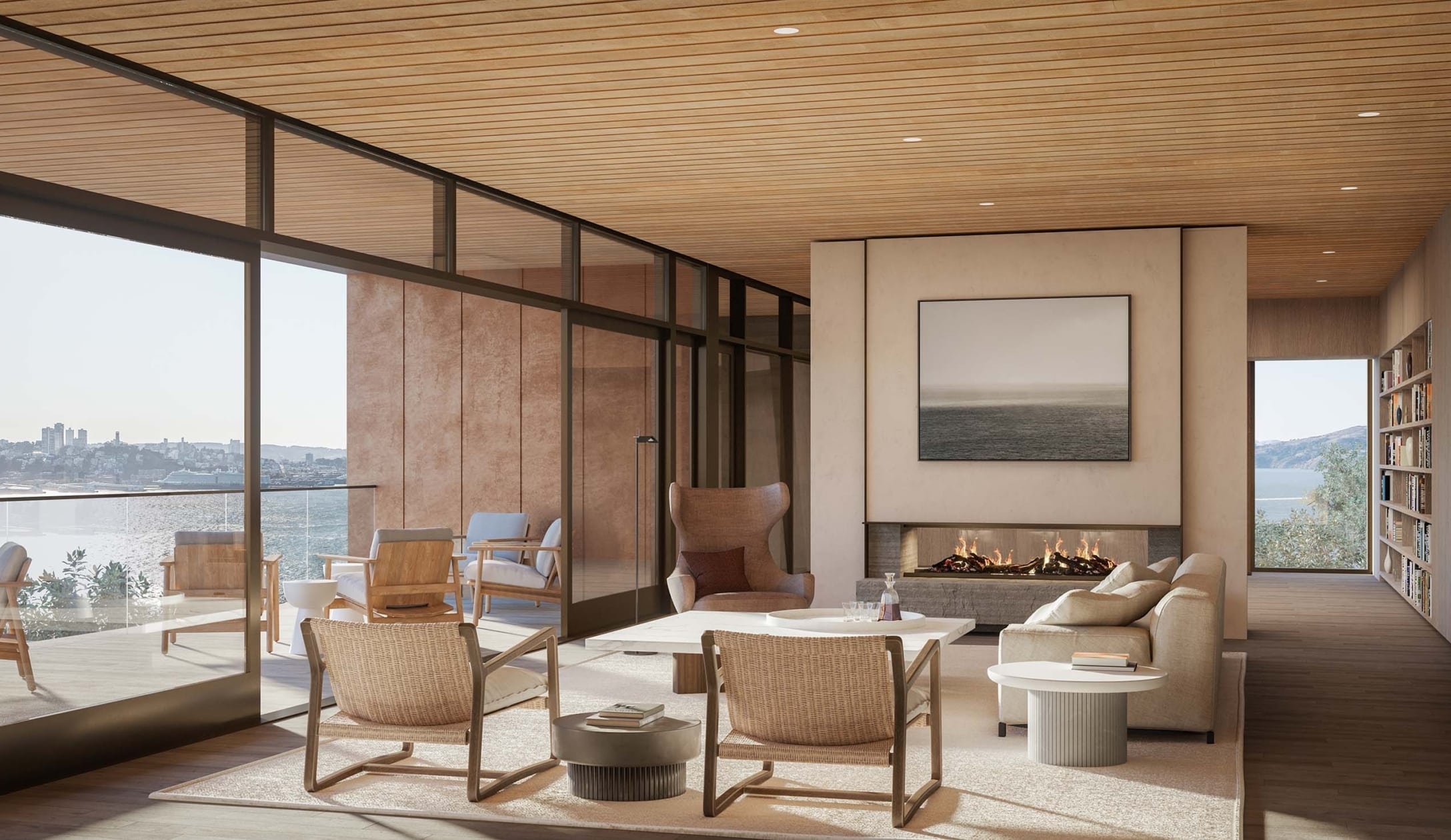 Spacious Living with terrace and library by the modern fireplace in luxury townhome in Yerba Buena Island San Francisco for sale