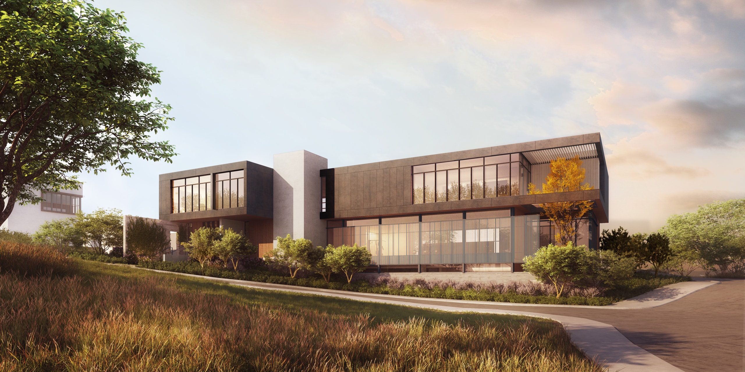 Sunset on exterior of luxury condominiums for sale in Yerba Buena Island residences San Francisco