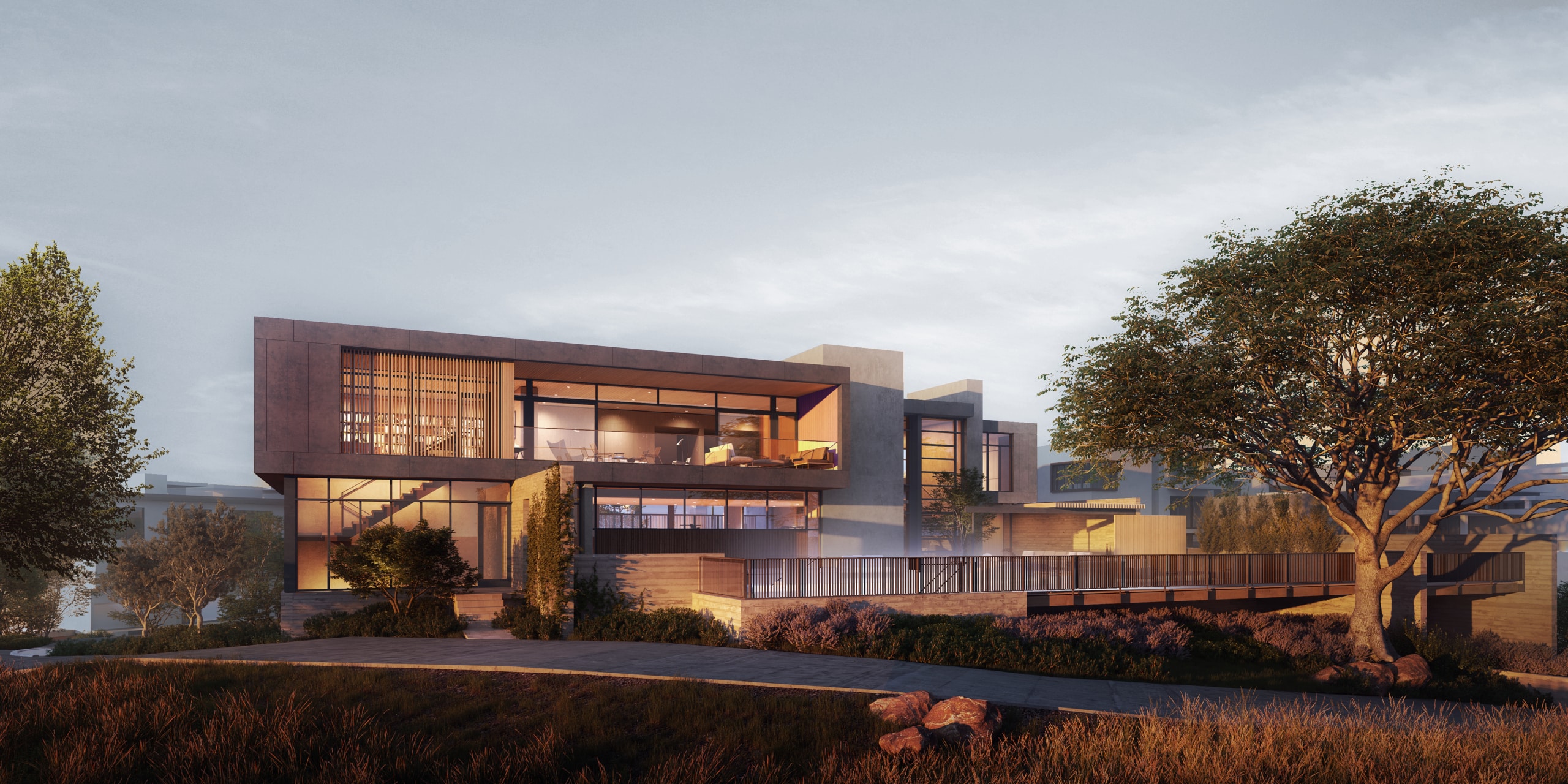 Scenic lighting of exterior of luxury townhome for sale in Yerba Buena Island residences San Francisco